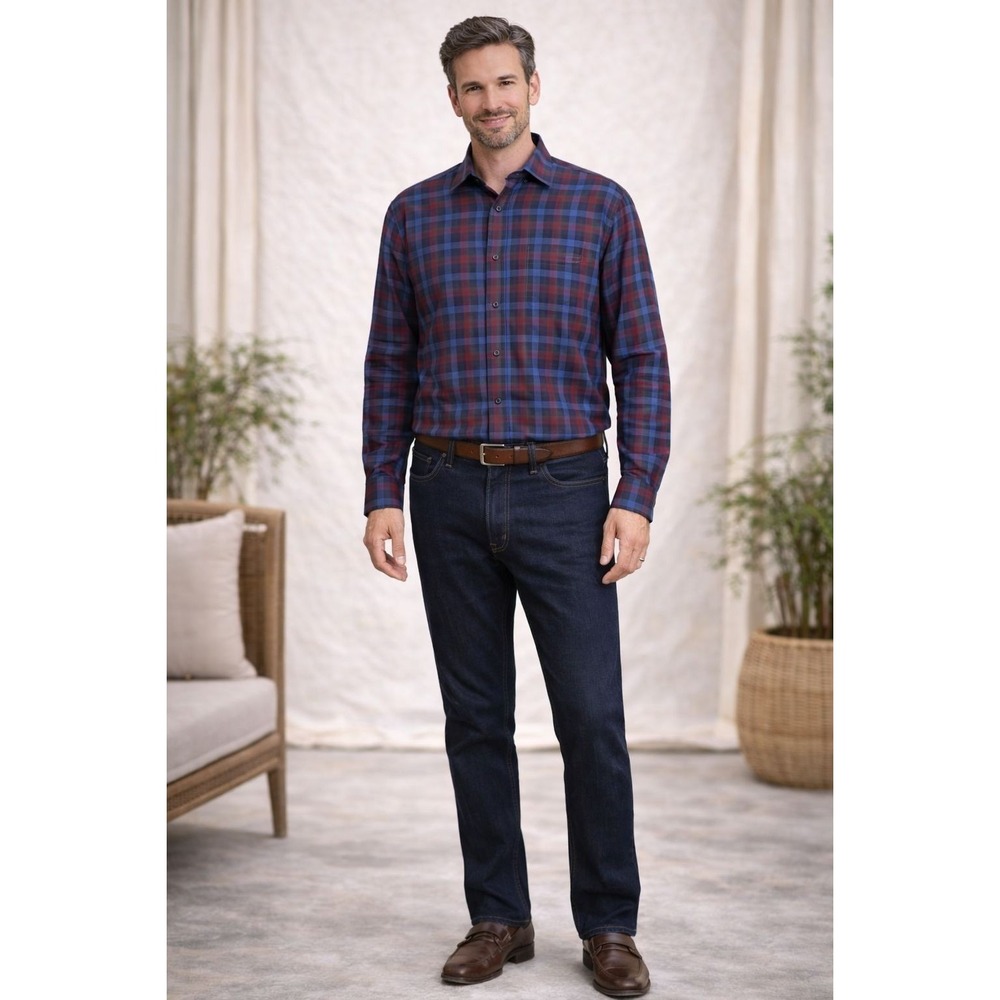 ST CROIX Shirt Men's LARGE Plaid Blue Red Long Sleeve Button Front Italy Made